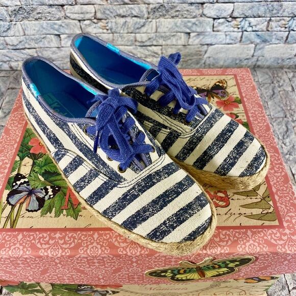 Keds Champion Washed Navy Striped Sneakers Jute Espadrille Style Soles Size 7 - Picture 7 of 9